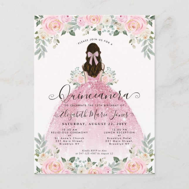 Carte Postale Robe rose blush floral pour Quinceanera 15e annive (Devant)