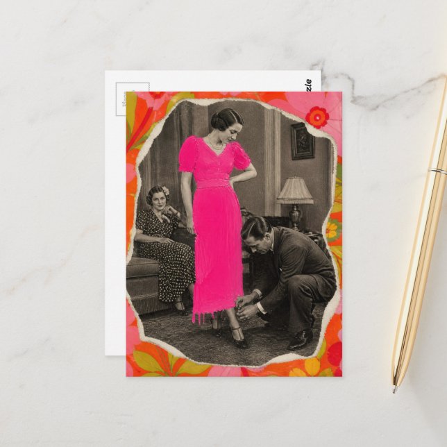 Carte Postale Robe rose chaud mode Dame Collage  (Devant/Arrière en situation)