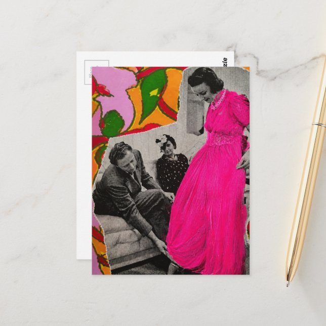 Carte Postale Robe rose chaud modèle dame fleurs améliorées par  (Devant/Arrière en situation)