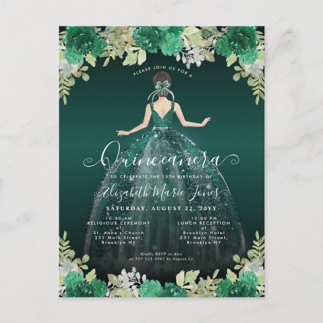 Carte Postale Robe verte Emeraude Florale Anniversaire Quinceane (Devant)