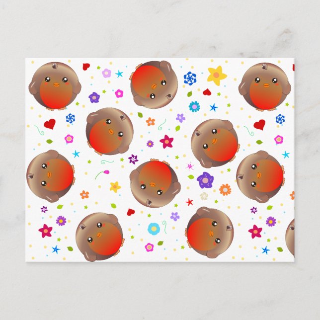Carte Postale Robins mignons et fleurs motif (Devant)