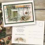 Carte Postale Robins vintages en neige avec voeux de Noël<br><div class="desc">Au coucher du soleil, de jolis robins se rassemblent dans des bois vintages et rustiques recouverts de neige, sur une vieille clôture de bouleau avec des oiseaux en bois sur un arbre voisin. Inclut le texte de voeux de Noël dans la police de style ancien. Le dos contient des champs...</div>