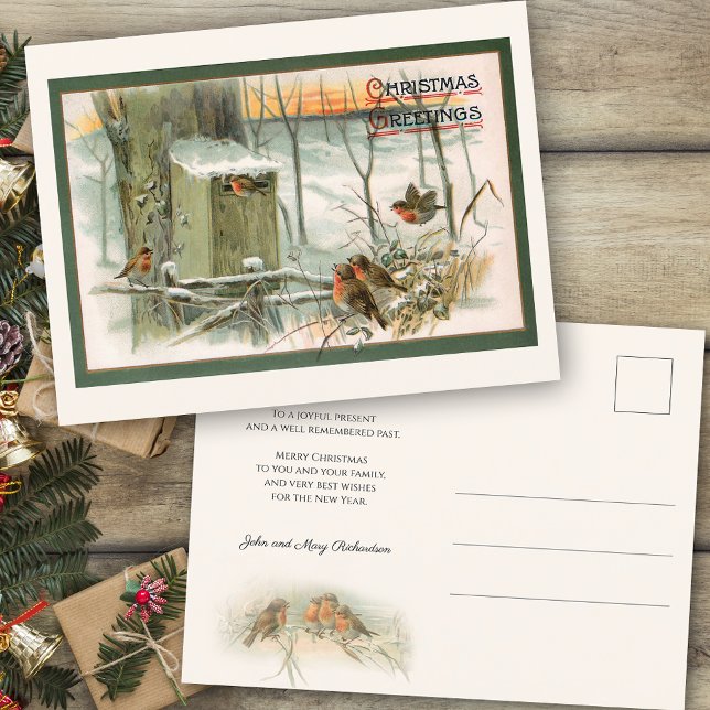 Carte Postale Robins vintages en neige avec voeux de Noël (Créateur téléchargé)
