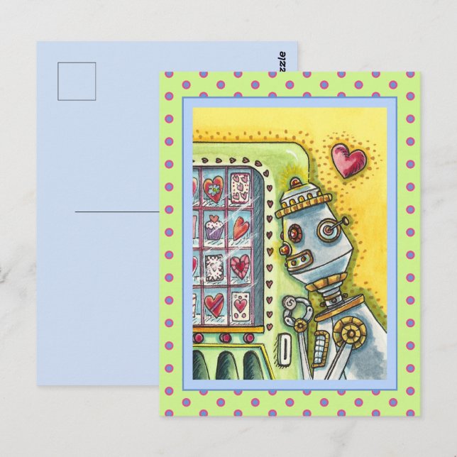 CARTE POSTALE ROBOT À LA RECHERCHE D'AMOUR, COEUR FOURNISSANT MA (Devant / Derrière)