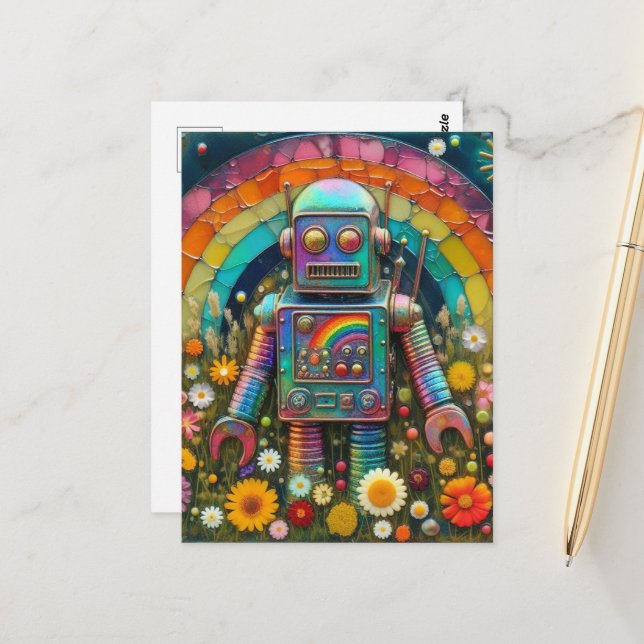 Carte Postale Robot arc-en-ciel dans une prairie à fleurs (Devant/Arrière en situation)