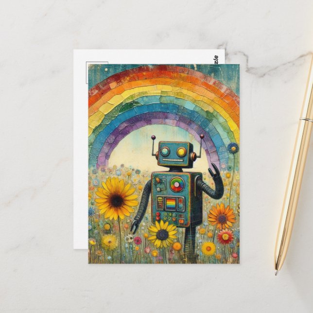 Carte Postale Robot dans une prairie à fleurs avec arc-en-ciel E (Devant/Arrière en situation)