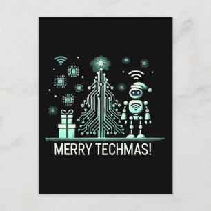 Carte Postale Robot IA avec arbre de Noël Tech - Joyeux Techmas