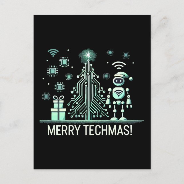 Carte Postale Robot IA avec sapin de Noël technologique – Joyeux (Devant)