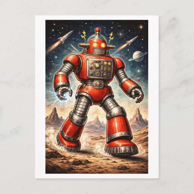 Carte Postale Robot spatial rouge de science-fiction des années  (Devant)