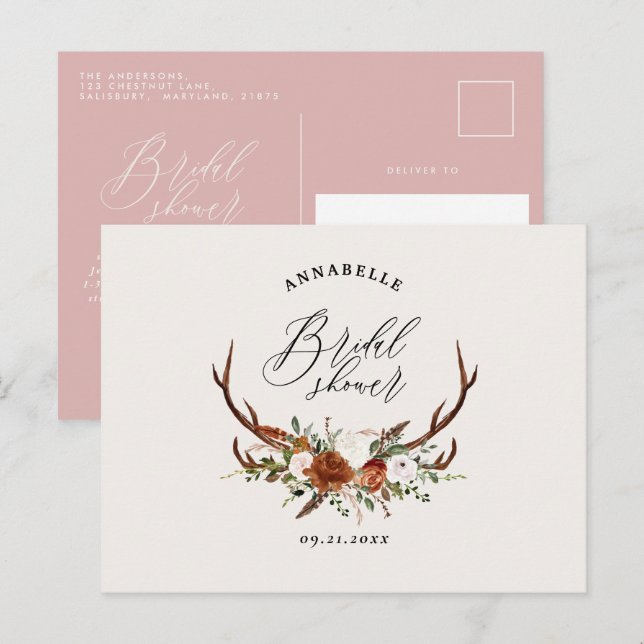 Carte Postale Robuste rose cerf fleurie élégante douche nuptiale (Devant / Derrière)