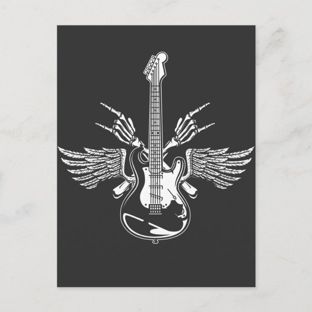Carte Postale Rock Roll Guitar Player Squelette Mains Ailes (Devant)