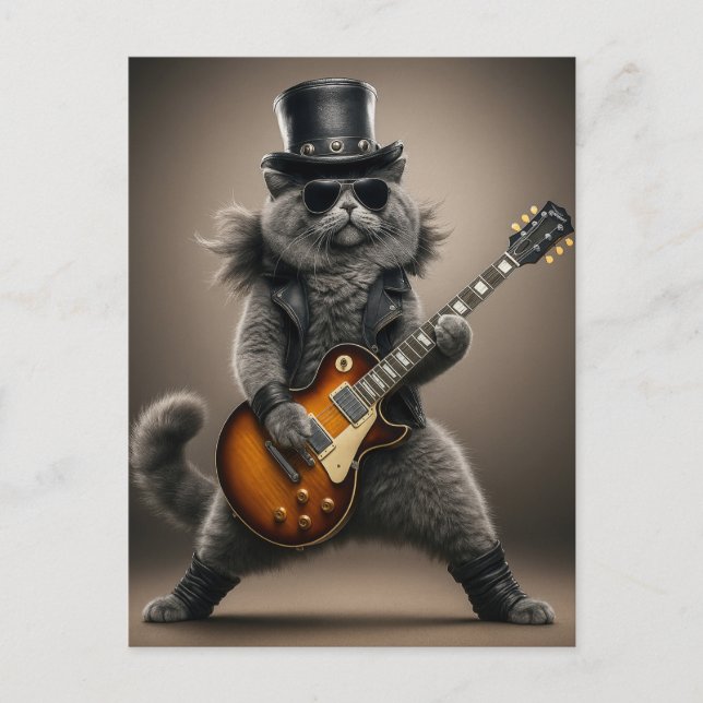 Carte Postale Rockstar Cat Playing Electric Guitar in Leather    (Devant)