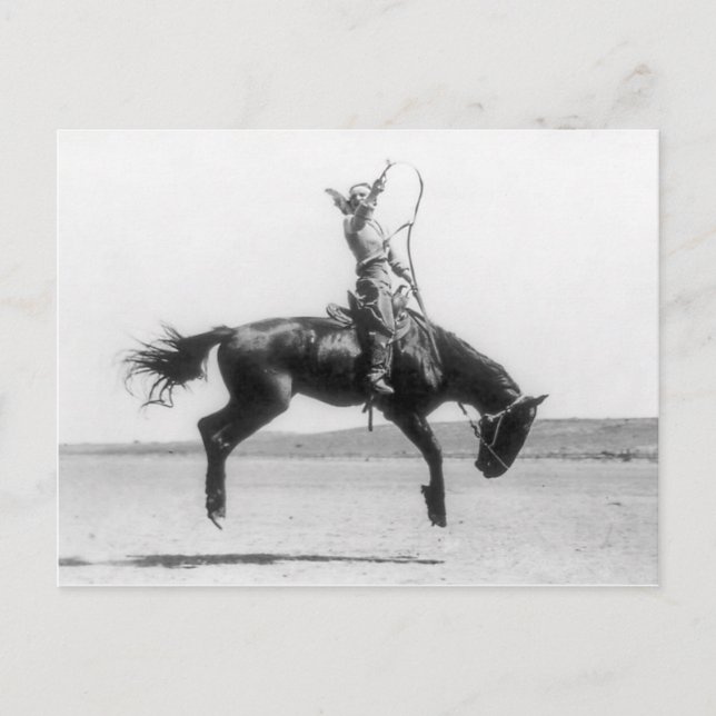 Carte Postale Rodeo Cowgirl sur cheval photo vintage (Devant)