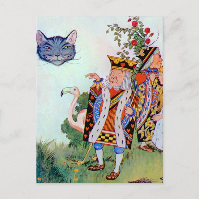 Carte Postale Roi et Reine des Coeurs, Alice et Cheshire Cat (Devant)