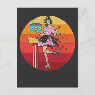 Carte Postale Roller Skating old Radio Female les années 70 80s 