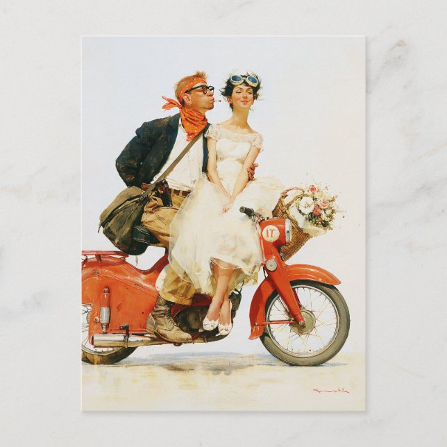 Carte Postale Romance Vintage sur un Scooter Rouge (Devant)