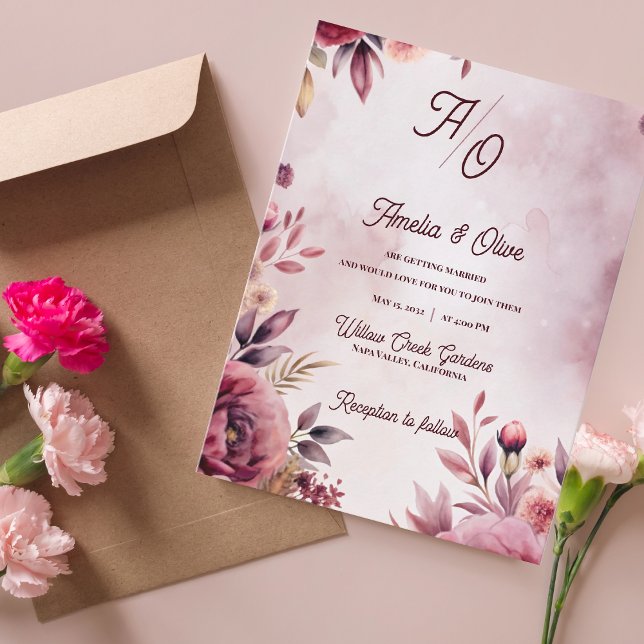 Carte Postale Romantic Blush Ethereal Mauve Wedding Invitation (Ethereal Mauve Fine Art Floral Wedding Invitation  | Romantic Blush Watercolor Wedding Invitation)