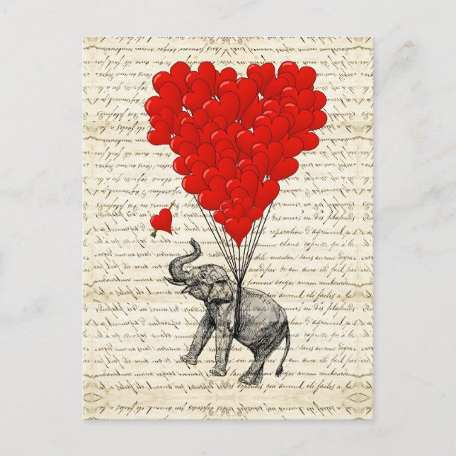 Carte Postale Romantic elephant & heart balloons (Devant)