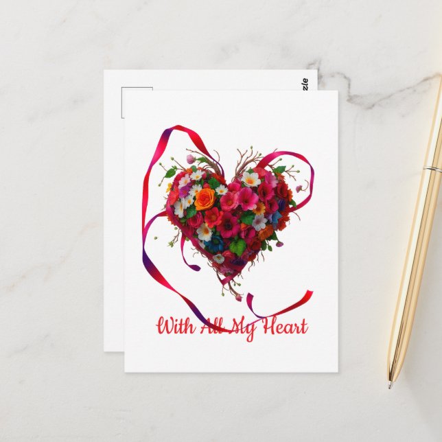 Carte Postale Romantic Floral Heart (Devant/Arrière en situation)