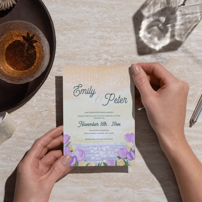 Carte Postale Romantic Purple Floral Beach Sunset Wedding Invite (Romantic Purple Floral Beach Sunset Wedding Invite)