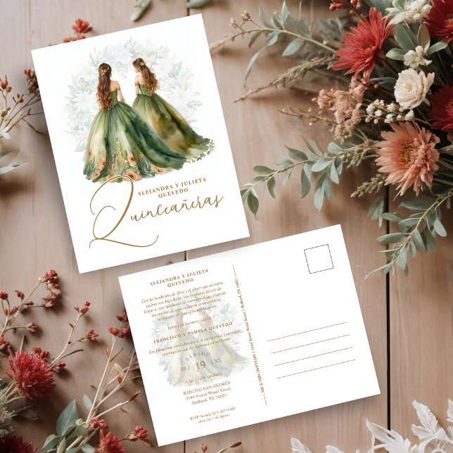 Carte Postale Romantic Spanish Quinceañeras Twins in Green Brown (omantic Spanish Quinceañeras Twins in Green and Brown Shades Postcards Invitations Cards.)