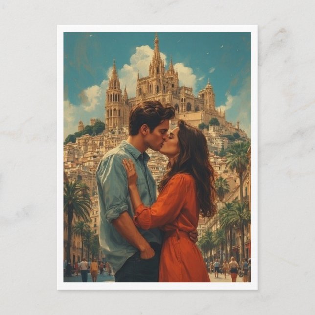 Carte Postale Romantique Barcelona Couple Baiser (Devant)
