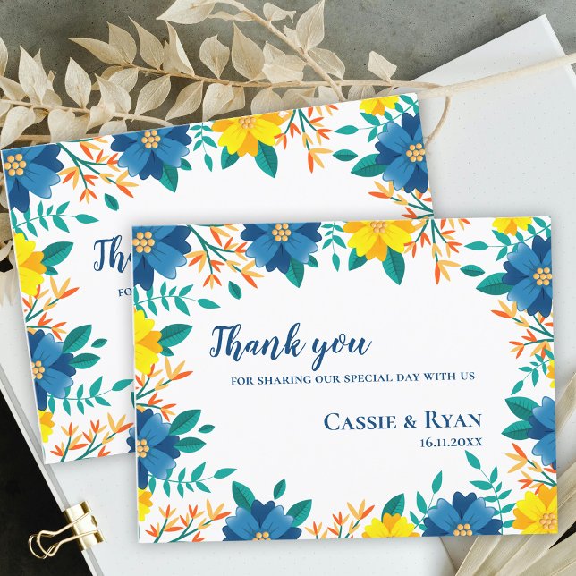 Carte Postale Romantique bleu jaune Mariage Merci (Romantic Yellow Blue Floral Wedding Thank you Postcard)