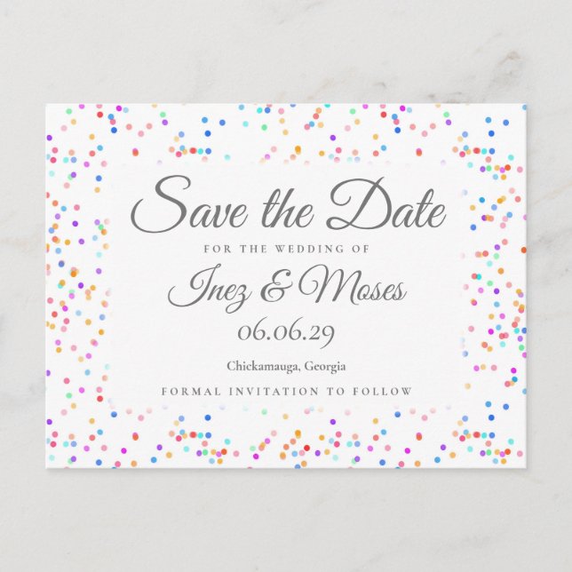Carte Postale Romantique Rainbow Confetti Enregistrer la date (Devant)