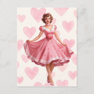 Carte postale romantique Rétro coeurs roses 