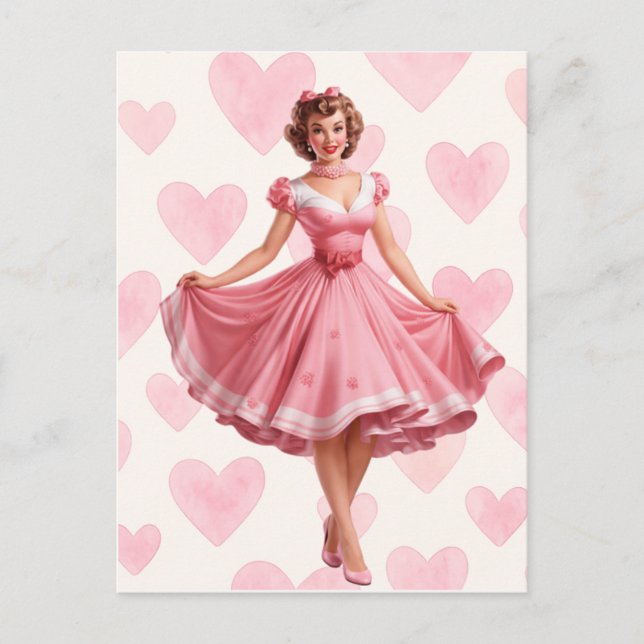 Carte postale romantique Rétro coeurs roses  (Devant)