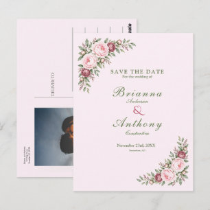 Carte Postale Romantique rose botanique mariage rose poudrée pae
