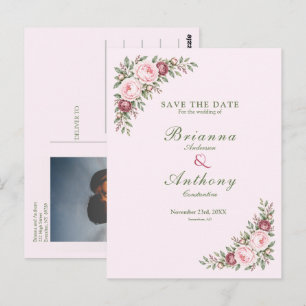 Carte Postale Romantique rose botanique mariage rose poudrée pae