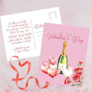 Carte Postale Romantique Saint Valentin Champagne Roses & Coeurs