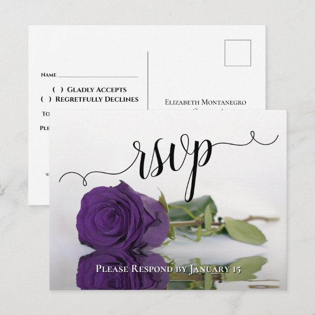 Carte Postale Romantique violet profond reflétant mariage Rose R (Devant / Derrière)