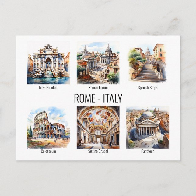 Carte Postale Rome attractions touristiques les plus populaires  (Devant)