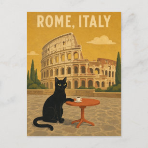 Carte Postale Rome Italie Chat Noir Colisée Café Vintage