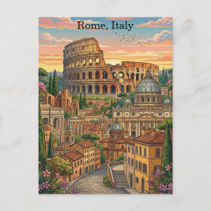 Carte Postale Rome Italie Colosseum Coloré Art de Voyage Rétro