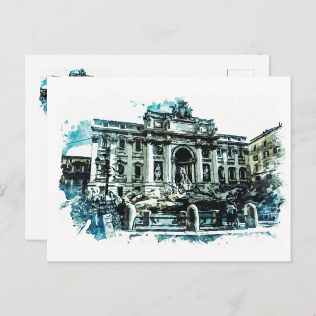 Carte Postale ROME Italie Trevi Fontaine aquarelle Peinture Roma (Devant / Derrière)