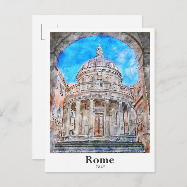 Carte Postale Rome Italie Voyage Aquarelle main tiré (Devant / Derrière)