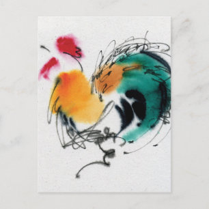 Carte Postale Rooster coloré. Calligraphie et aquarelle.