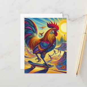 Carte Postale Rooster Coloré Surréaliste Skateboard