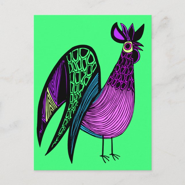 Carte Postale Rooster d'art populaire violet (Devant)