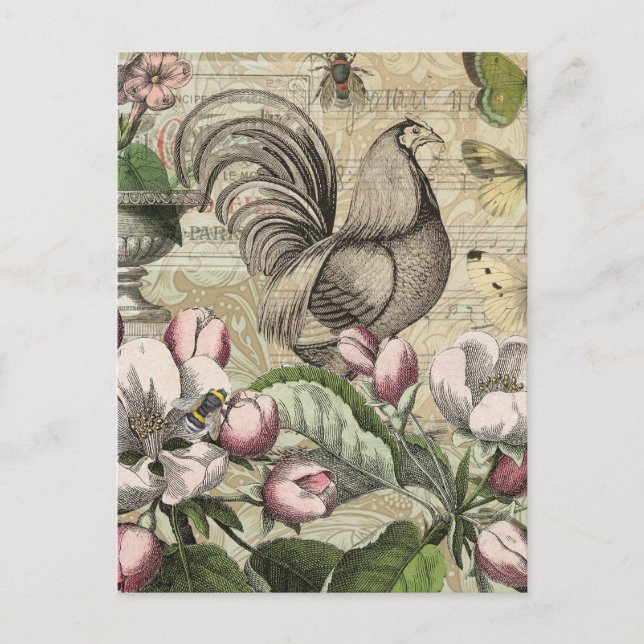 Carte Postale Rooster Garden Flower Papillon Art (Devant)