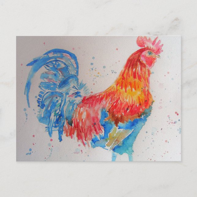 Carte Postale Rooster rouge aquarelle peinture art poulet (Devant)