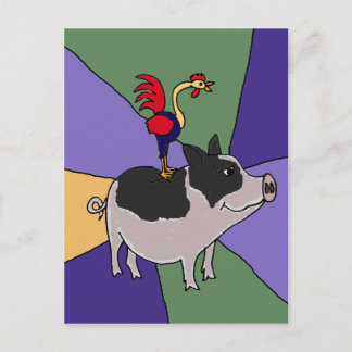 Carte Postale Rooster sur Cochon Colorful Folart