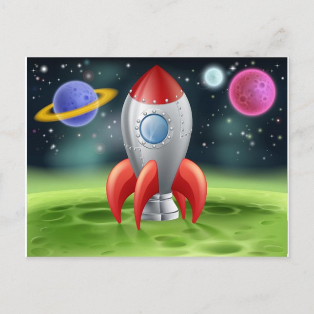 Carte Postale Roquette spatiale de dessin sur la planète Alien (Devant)