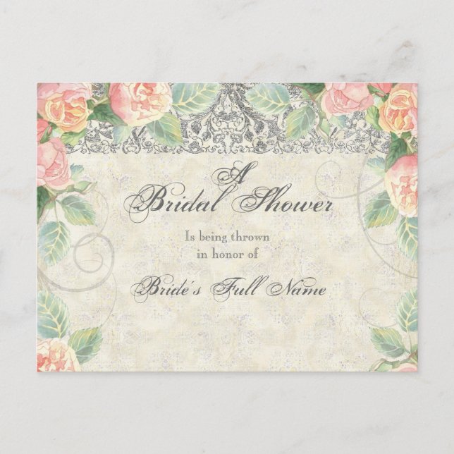 Carte Postale Rose anglais et Silver Bridal Shower Invitation (Devant)