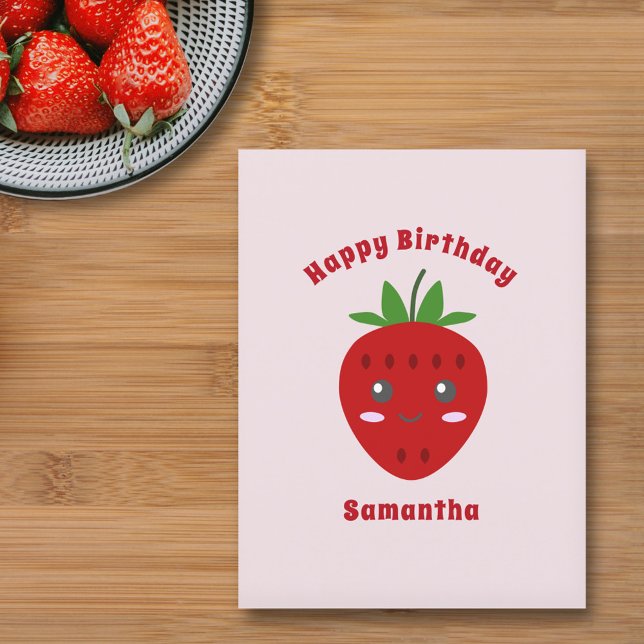 Carte postale rose anniversaire fraise mignonne (Cute Strawberry Happy Birthday Pink Postcard)