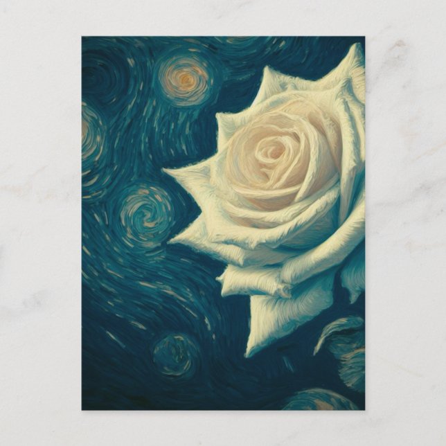 Carte Postale Rose blanche de style Van Gogh par une nuit étoilé (Devant)