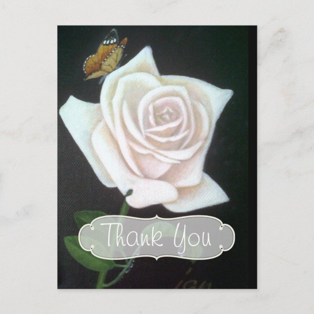 Carte Postale Rose Blanche et Papillon Merci (Devant)
